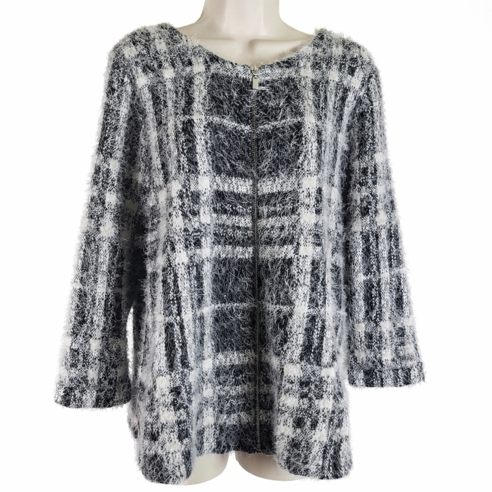 Joseph Ribkoff Plaid Zip Front Cardigan Black White Size 12